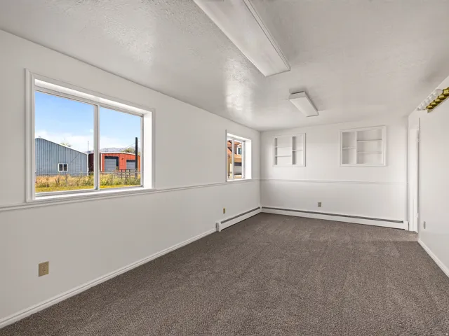 Carpeted flooring with white walls and trim, featuring two windows, two built-in wall shelves, and overhead lighting