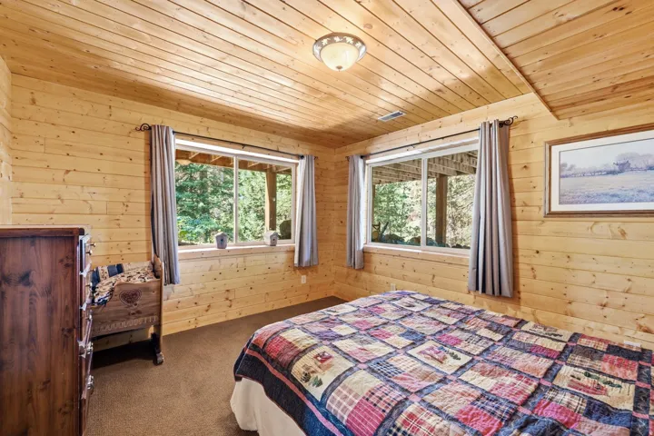Wood paneling, wood plank ceiling, recessed lighting, double windows, carpeted flooring
