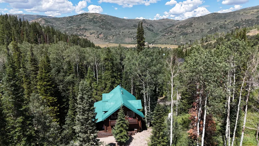 Wood-sided exterior with a teal roof, surrounded by mature trees, set against a mountainous backdrop