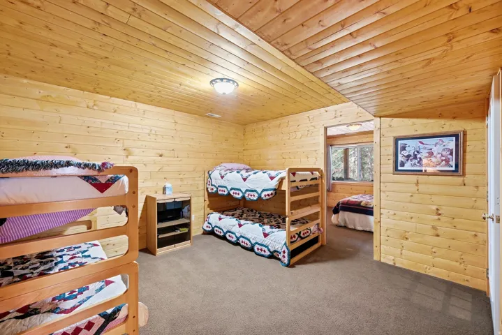 Wood-paneled walls and ceiling, wall-to-wall carpeting, and recessed window