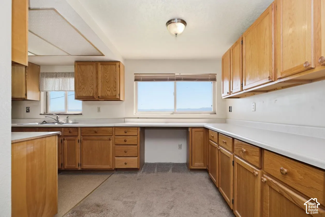 Kitchen featuring wood-finish cabinetry, white countertops, a stainless steel sink, and carpet flooring