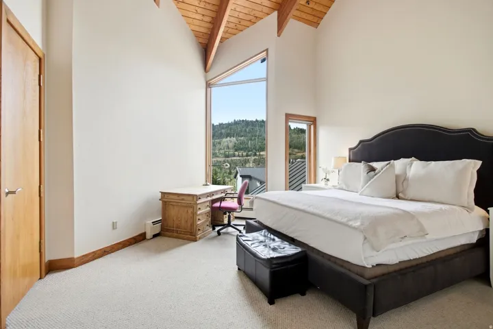 Vaulted wood-paneled ceiling, expansive windows, light wood trim, light neutral carpeting, and a built-in wood door