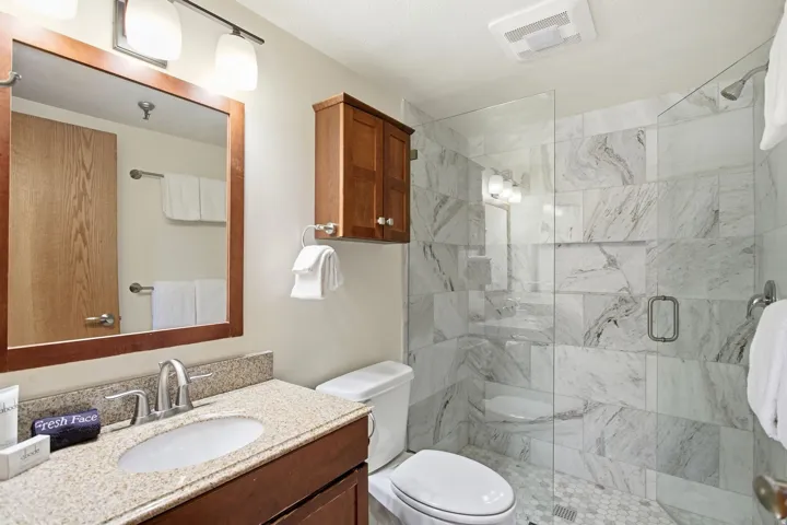 Glass-enclosed shower with tiled walls and a hex-tile floor