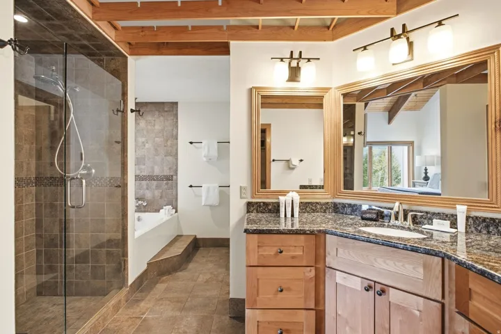 Wood-beamed ceiling with recessed lighting