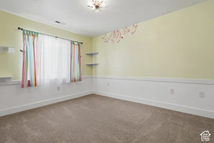 Wall-to-wall carpeting, window with curtain rod, decorative wall paneling, built-in shelving, and a ceiling-mounted light fixture