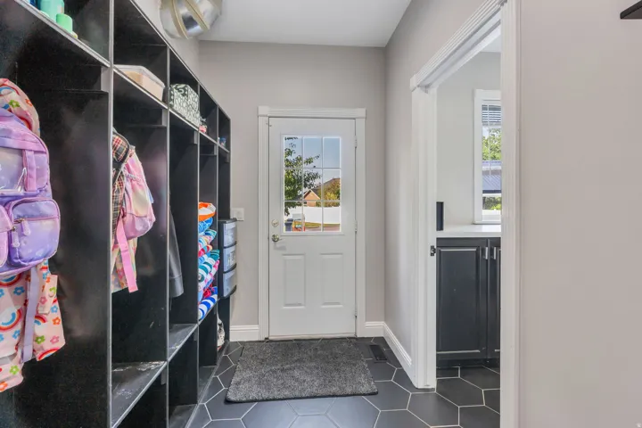 Entryway featuring hexagonal floor tiling, a paneled door with windowpanes, and built-in black shelving