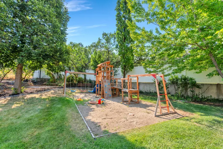 Expansive backyard featuring a manicured lawn, mature trees, and a dedicated play area with a wooden playset