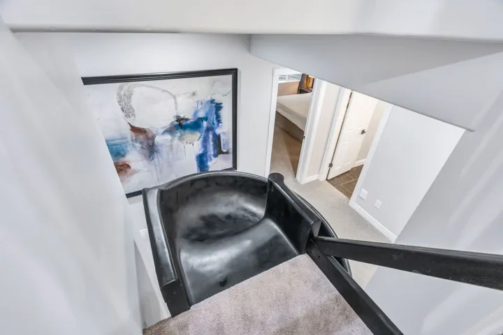 Integrated stair slide with black finish, light gray carpeted stairs, and white interior walls