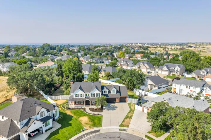 Aerial perspective showcasing a residential neighborhood with varied architectural styles and mature trees