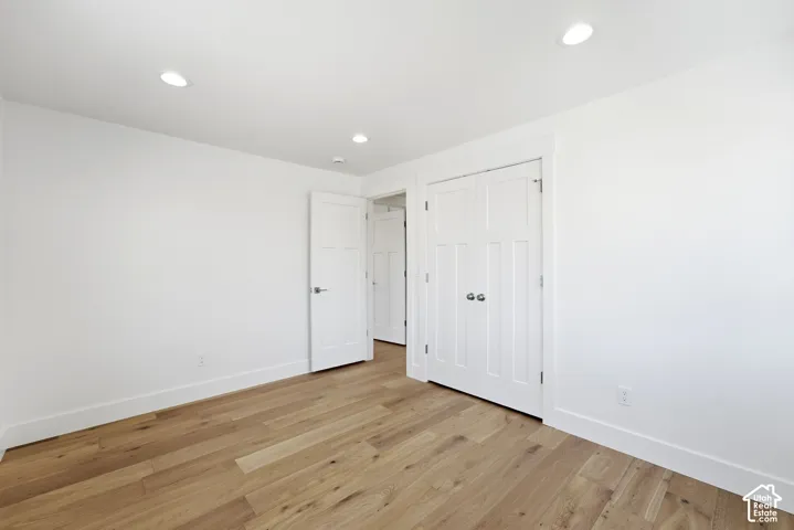 Recessed lighting, wood-finish flooring, and white paneled doors