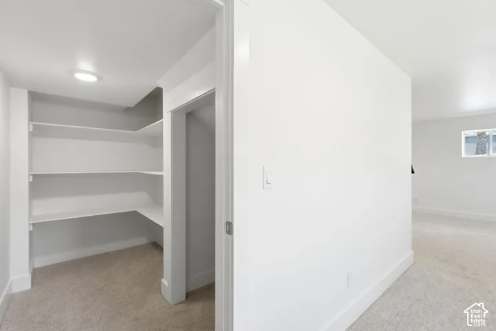 Walk-in closet with built-in shelving, recessed lighting, and light-colored carpeting