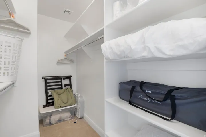 Walk-in closet featuring built-in shelving, hanging rods, and carpet flooring