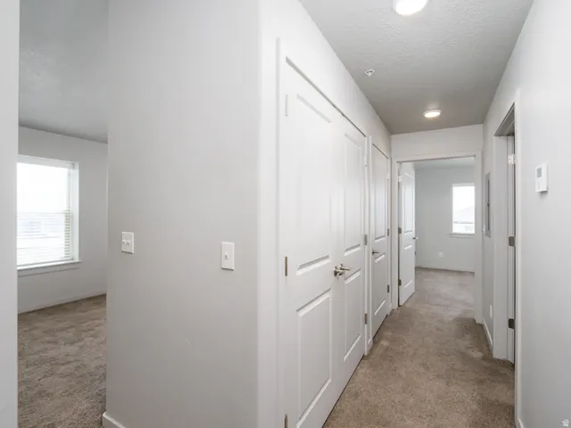 Hallway with neutral carpet flooring and recessed lighting