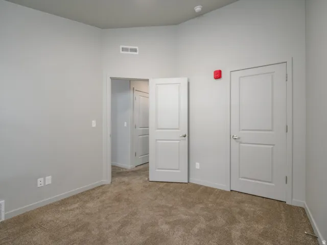 Wall-to-wall carpeting in a neutral tone, painted walls, and white trim