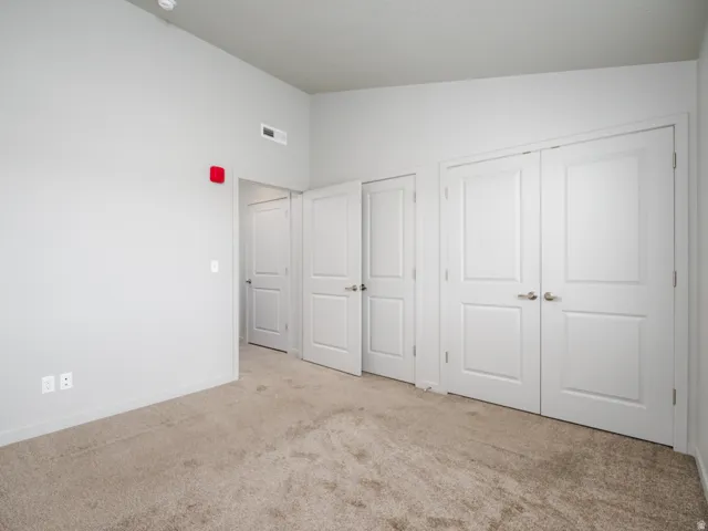 Light gray wall finish with plush carpeting and white trim