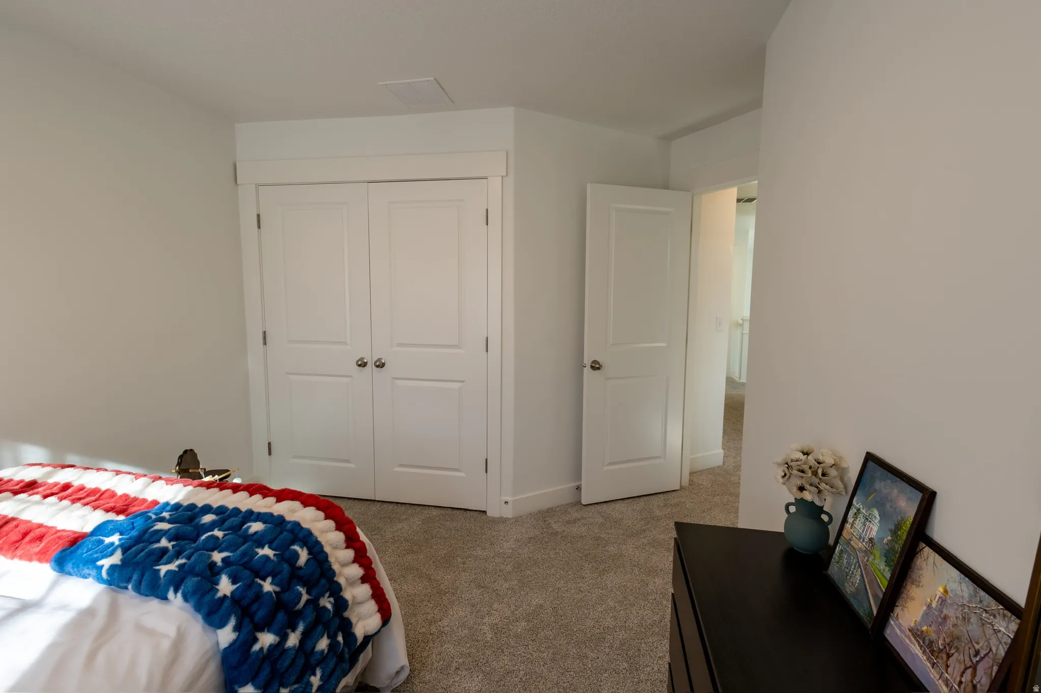 Neutral wall paint, carpeted flooring, and white trim details