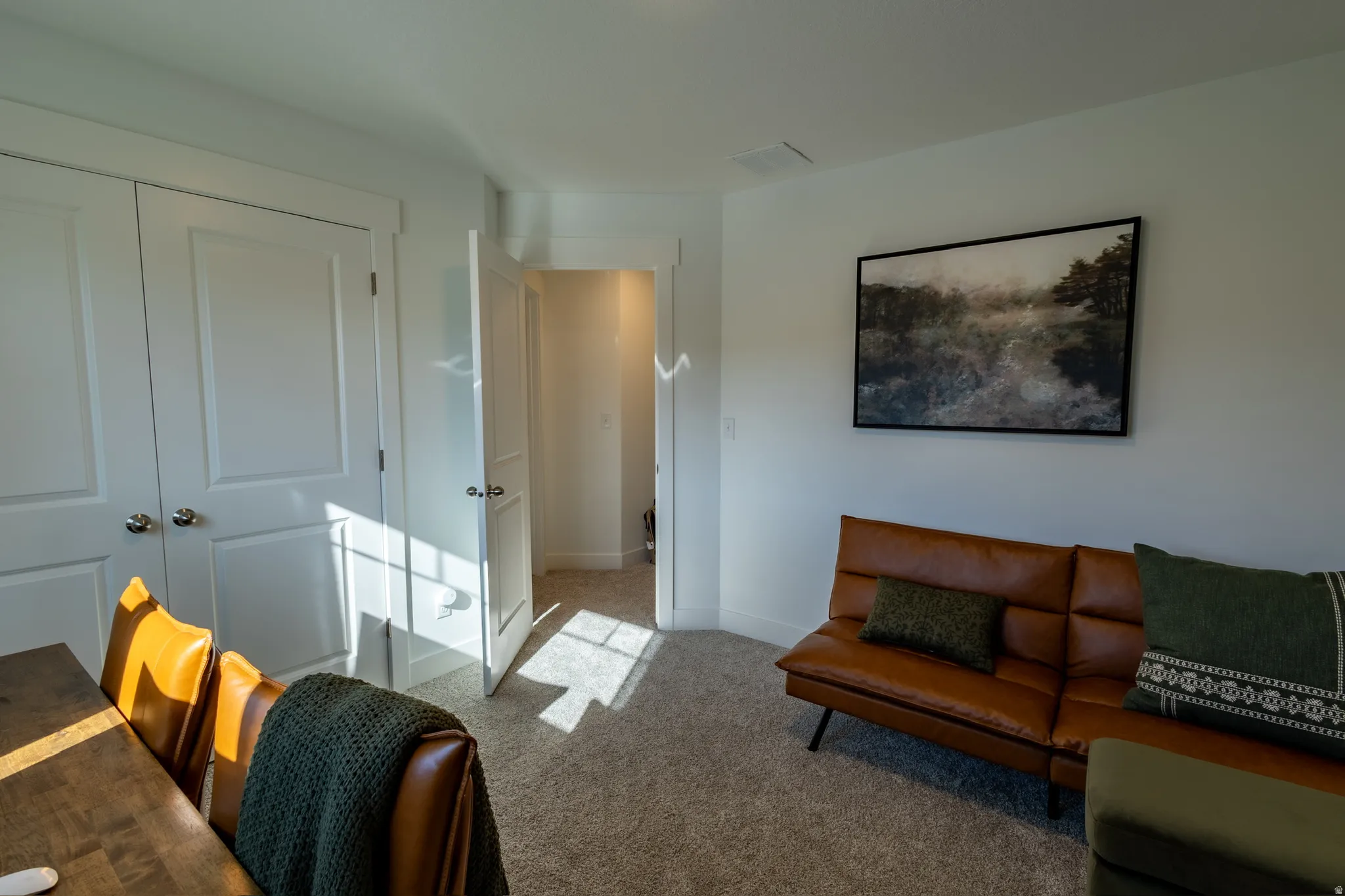 Wall-to-wall carpeting and white walls with trim