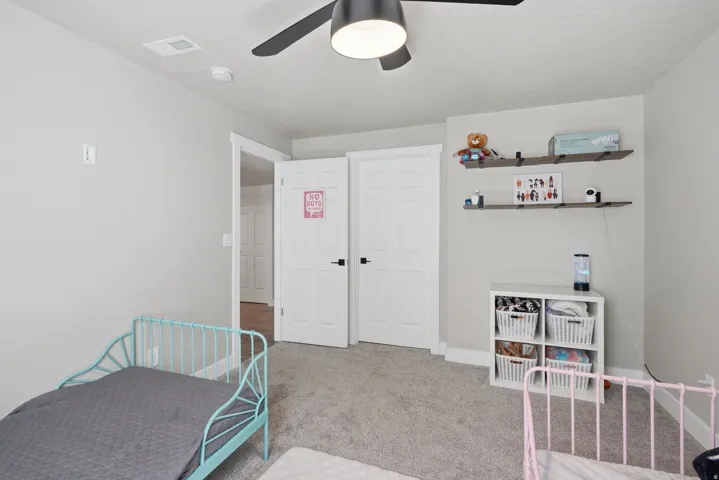 Neutral-toned walls complement plush grey carpeting