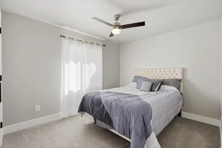 Neutral wall paint, ceiling fan with integrated lighting, window with sheer curtains, and gray carpeting