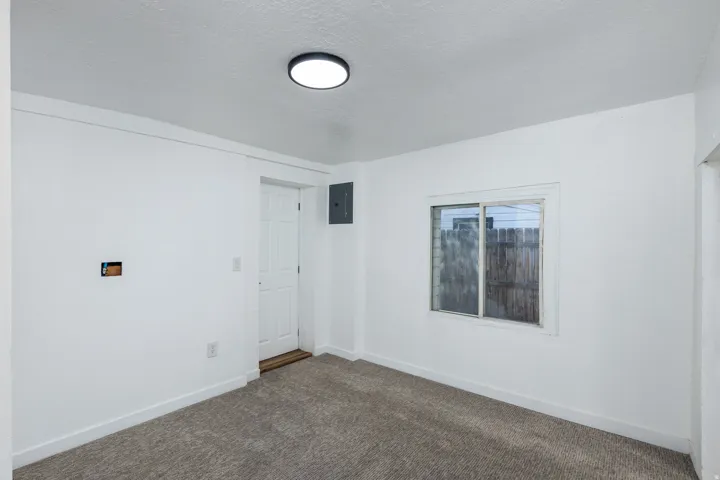 Carpeted interior with white walls, a white paneled door, a sliding window, and a flush-mount ceiling light