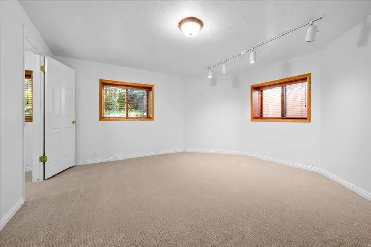Light beige carpeting, two windows with wood trim, track lighting, and a flush mount ceiling light