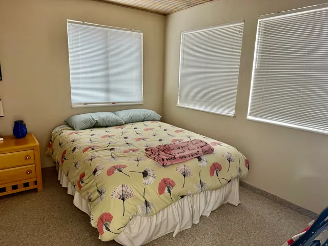 Multiple windows with blinds, textured ceiling, and light-toned walls