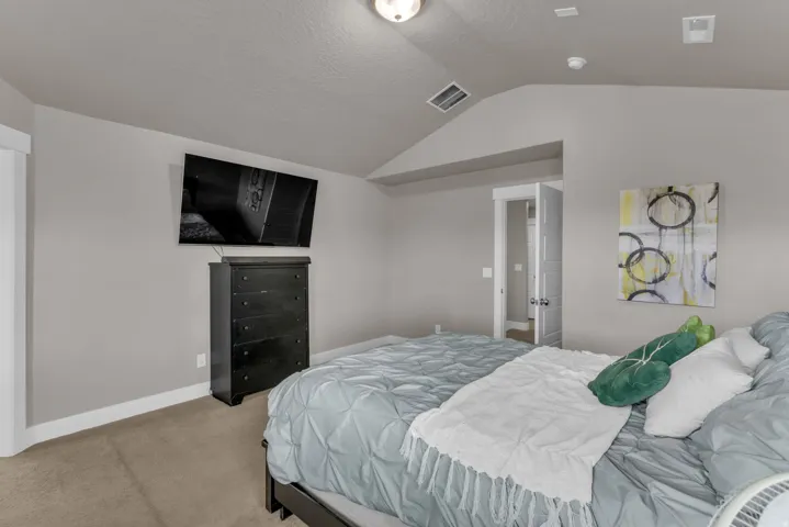 Vaulted ceiling with a flush-mount light fixture, textured wall finish, and a door opening to an additional room