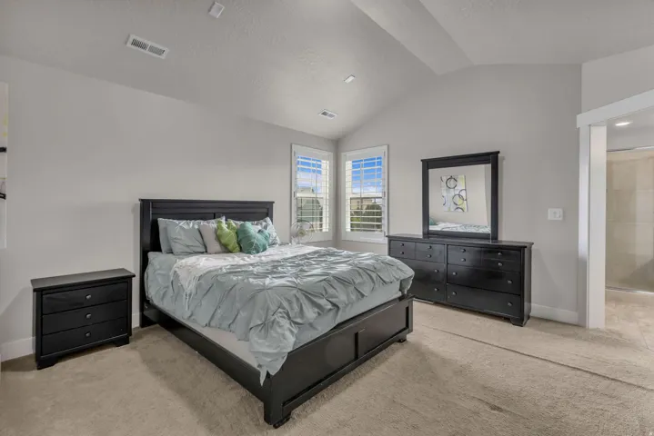 Vaulted ceiling with recessed lighting, dual windows with plantation shutters, light-toned carpeting, and an adjacent bathroom with a glass-enclosed shower