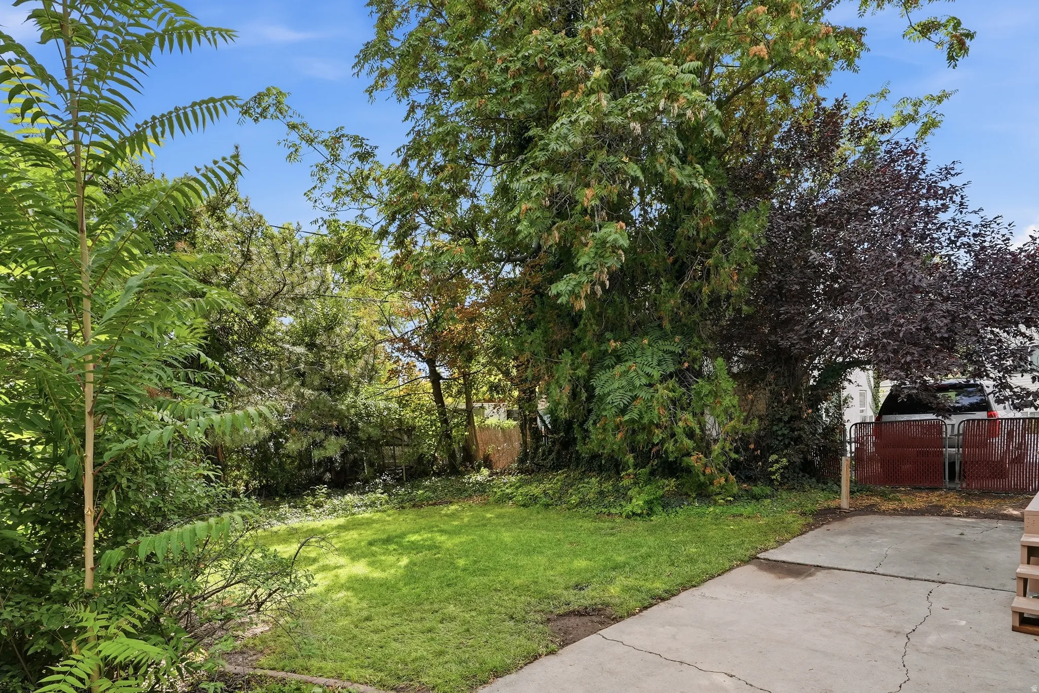 Expansive outdoor space featuring a concrete pad, mature trees, and a lush lawn
