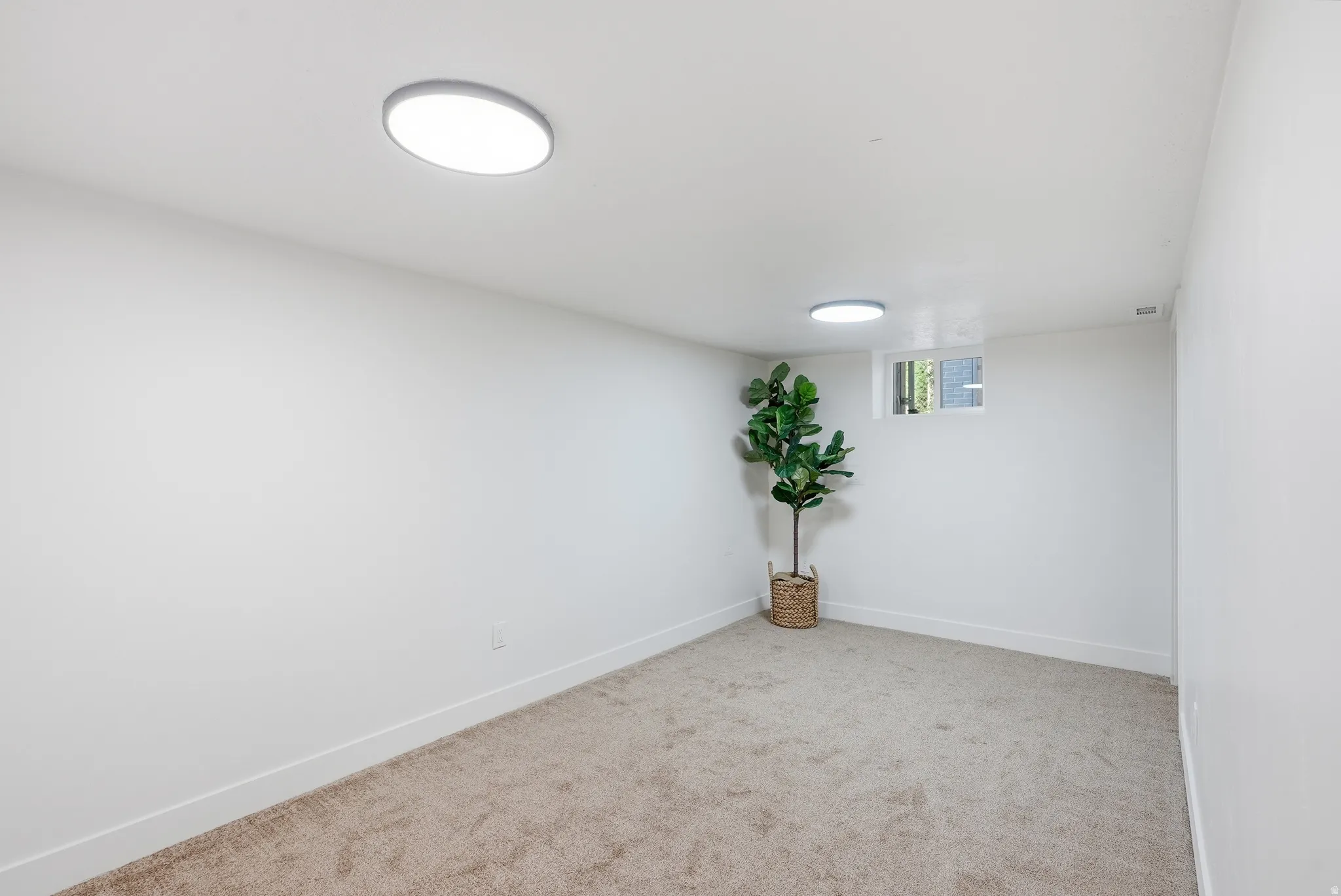 Recessed lighting fixtures, neutral carpeting, and a perimeter window