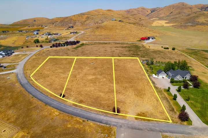 Expansive land plots with defined boundaries, bordering a paved road