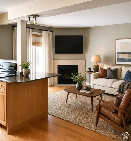 Open-concept living area featuring a tile-surround fireplace, wood-finish flooring, and a kitchen island with a granite countertop and wood cabinetry