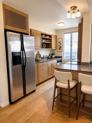 Stainless steel refrigerator, wood-finish flooring, wood cabinetry, stone countertops, and a built-in breakfast bar