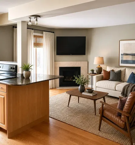 Open-concept living area featuring a tile-surround fireplace, wood-finish flooring, and a kitchen island with a granite countertop and wood cabinetry