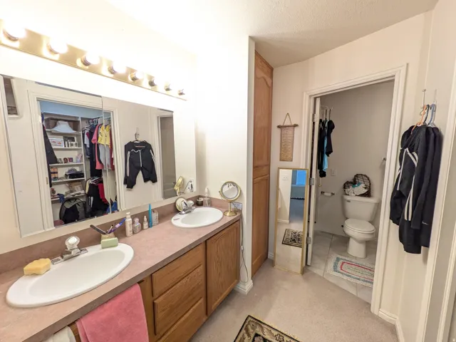 Dual vanity with integrated sinks, wood-finish cabinetry, and a full-width mirror