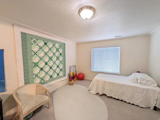 Neutral wall paint, ceiling-mounted light fixture, crown molding, and window with blinds