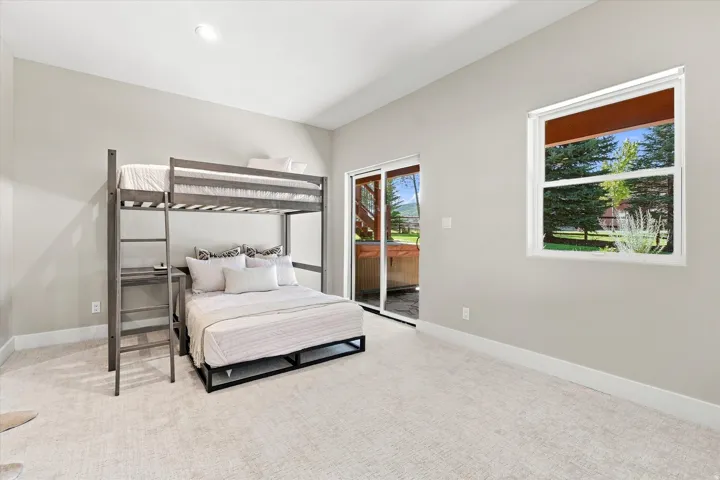 Plush wall-to-wall carpeting, white trim, and a window with a green outdoor scenery