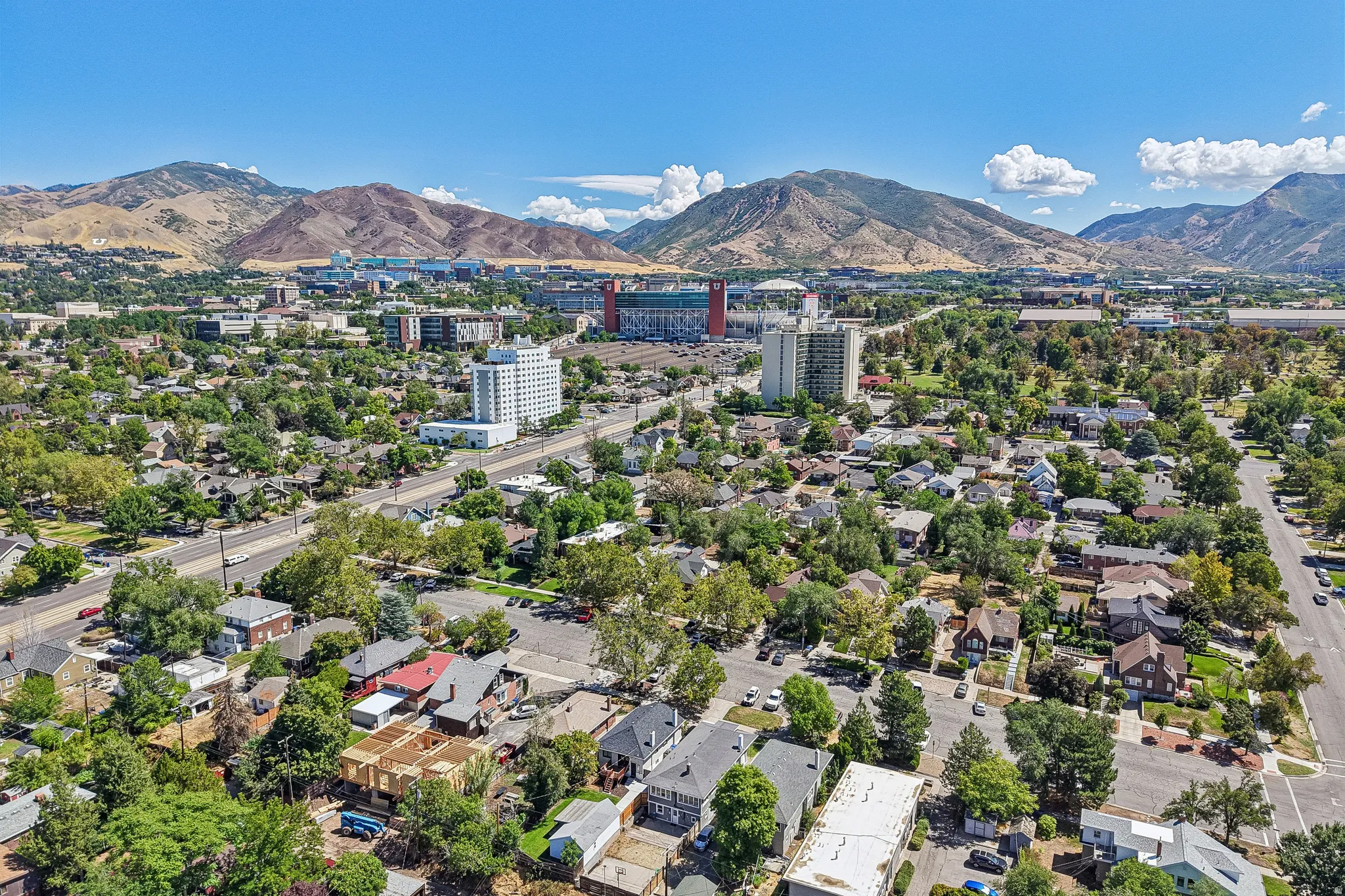 Expansive mountain backdrop with a visible cityscape and established tree canopy