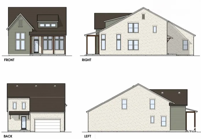 Architectural Renderings. Presenting the front, right, back, and left elevations of the property