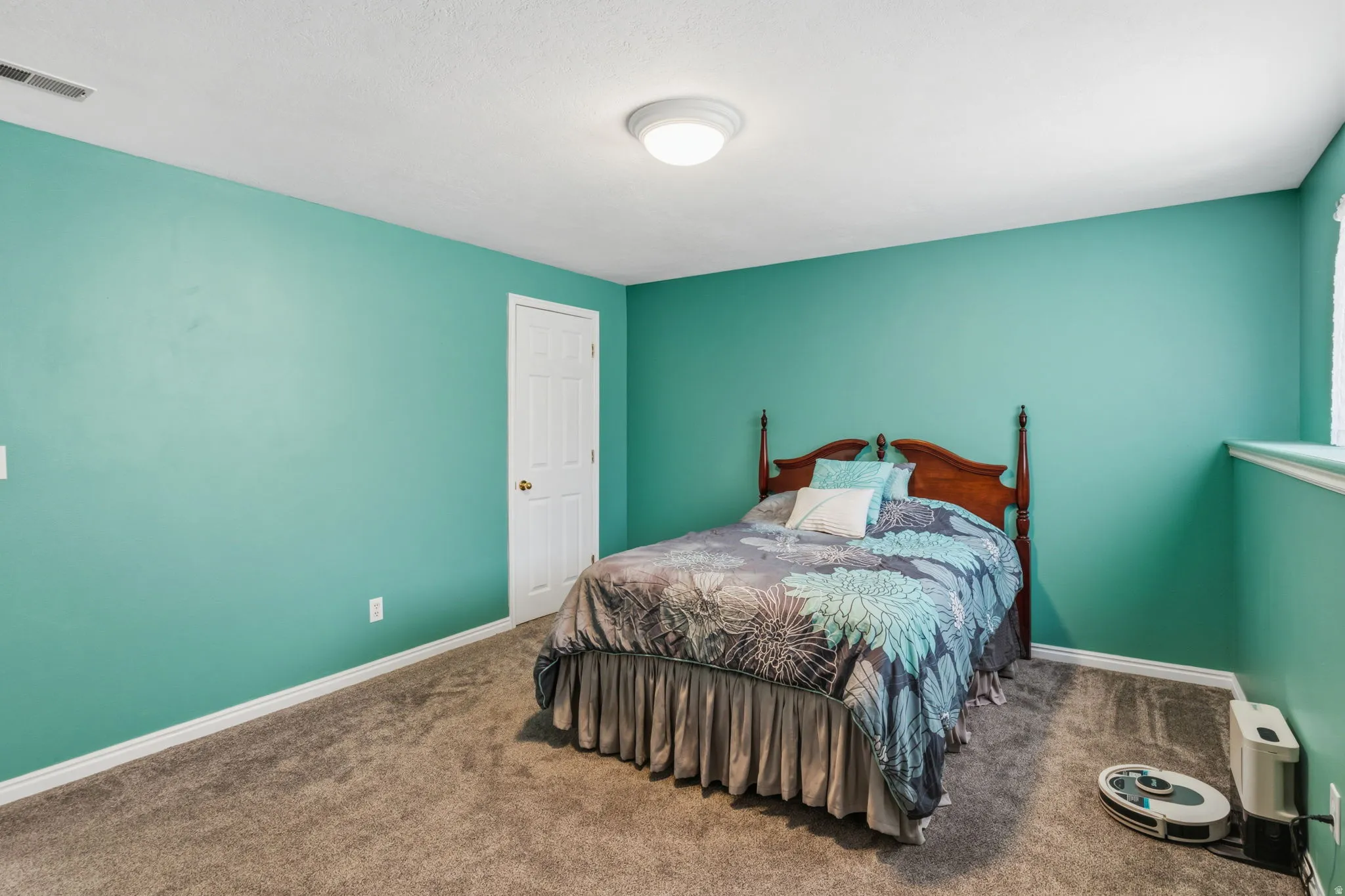 Carpeted flooring, a white paneled door, and a flush mount ceiling light