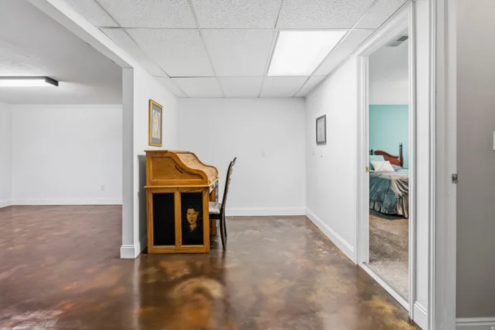 Concrete-finish flooring with a white trim