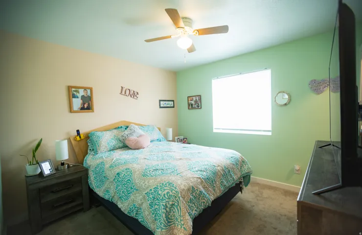 Recessed window with blinds, ceiling fan, and carpeted flooring