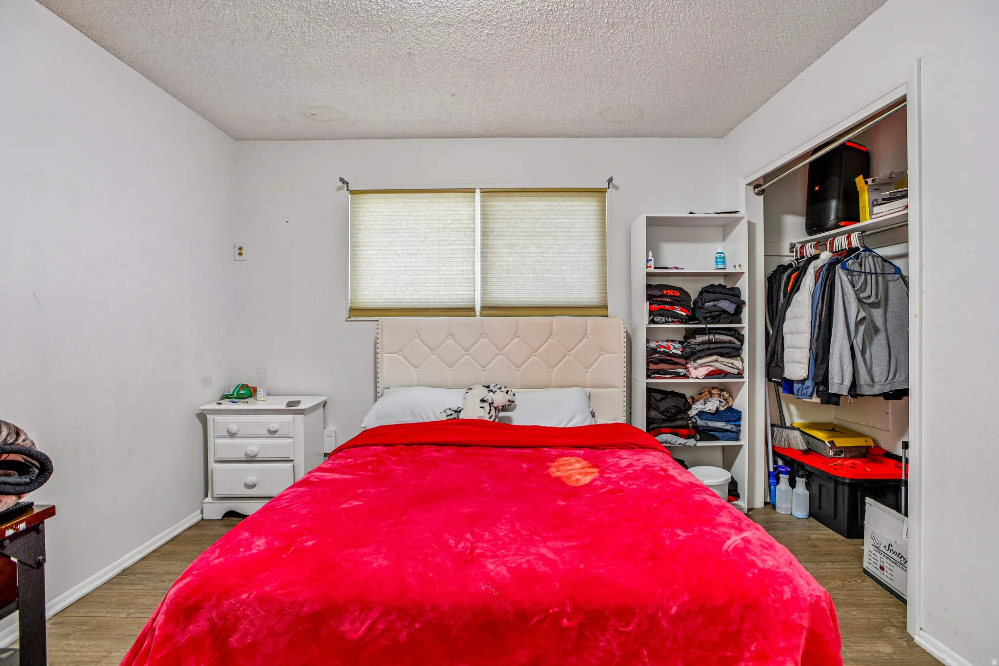 Recessed window with blinds, wood-finish flooring, built-in shelving, and closet with hanging rod