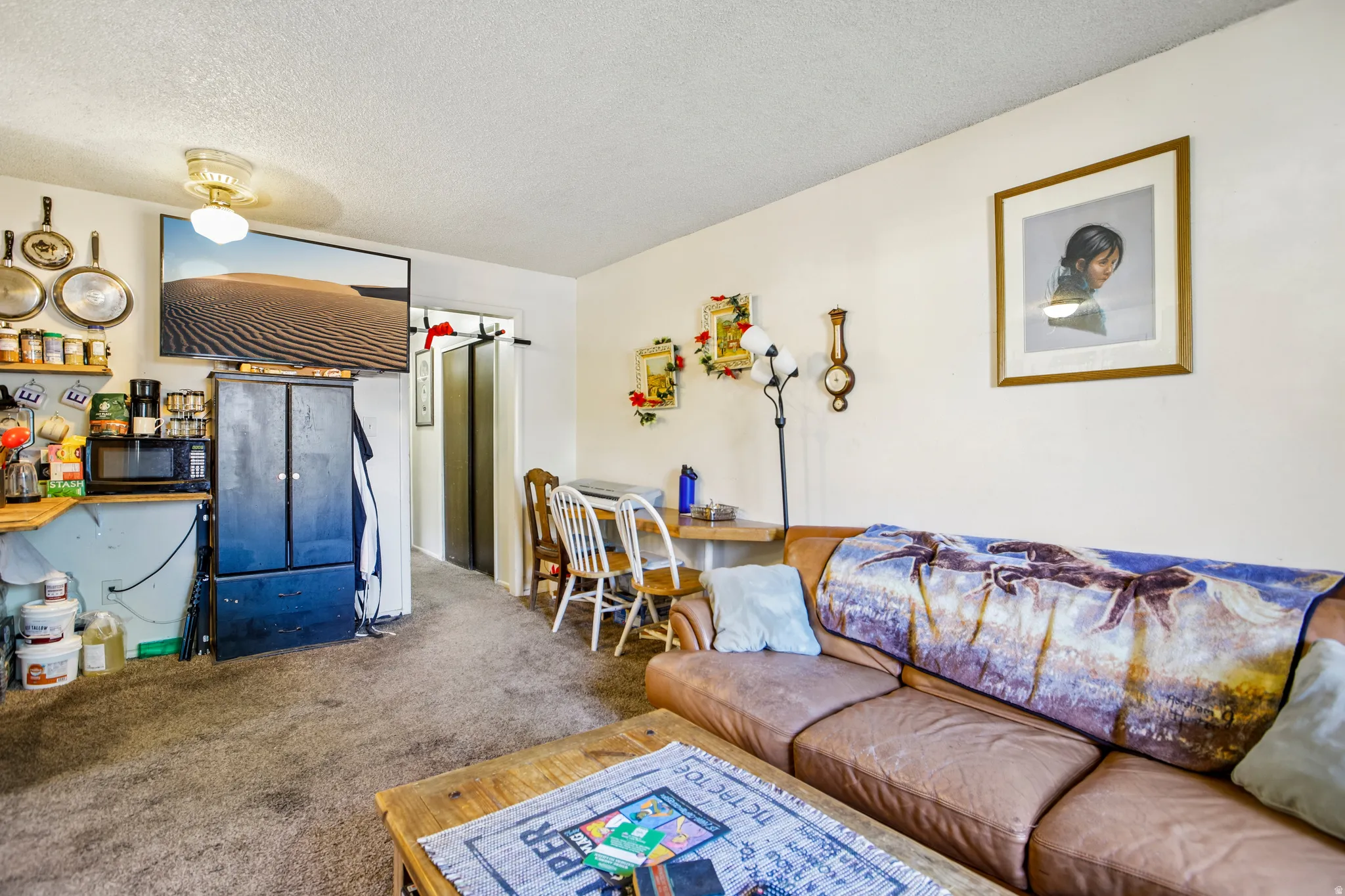 Ceiling fan light fixture, mounted television, built-in shelving, carpet flooring, and white walls