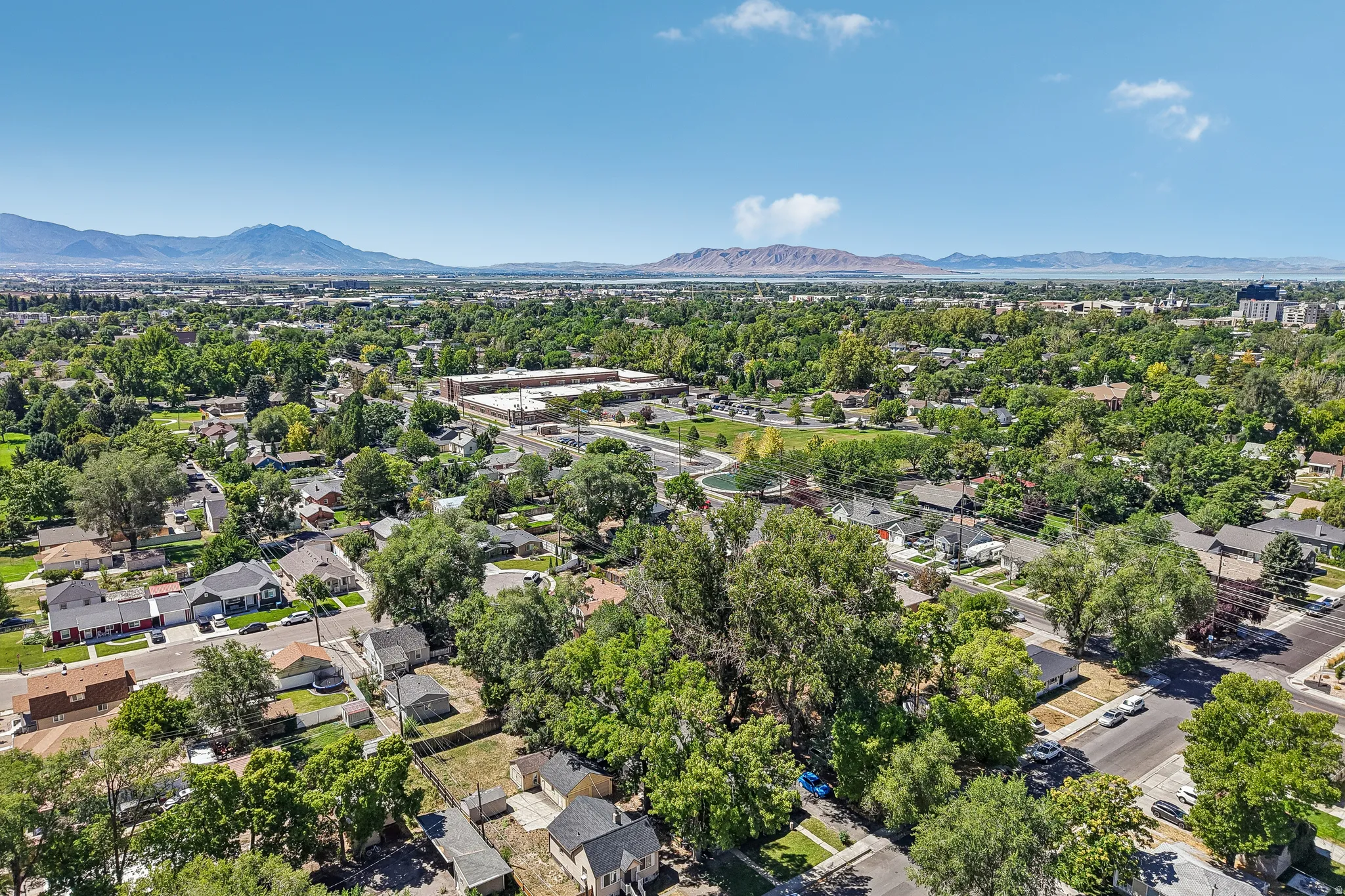 Expansive urban landscape featuring mature trees, residential properties, and distant mountains