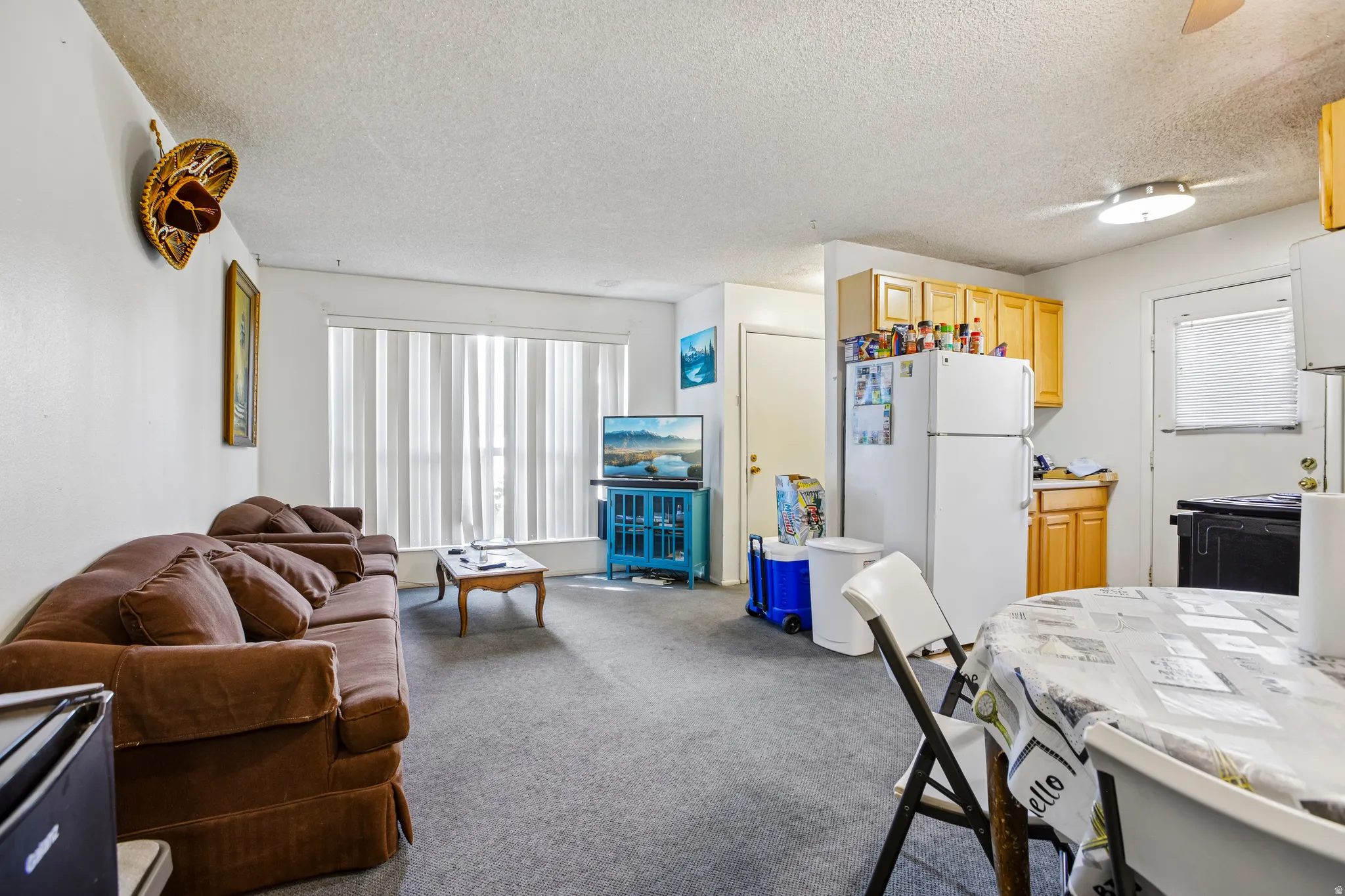 Carpeted living area with window treatments, ceiling fan, wood-finish cabinetry, and white appliances