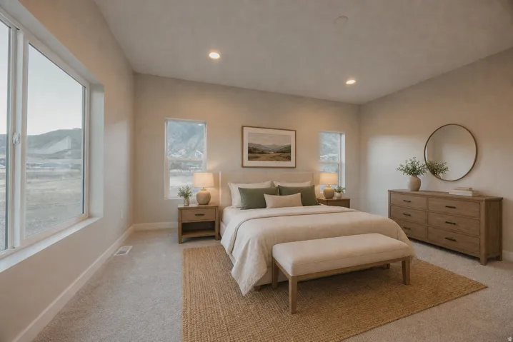 Carpeted flooring, recessed lighting, multiple windows, vaulted ceiling, and neutral wall tones