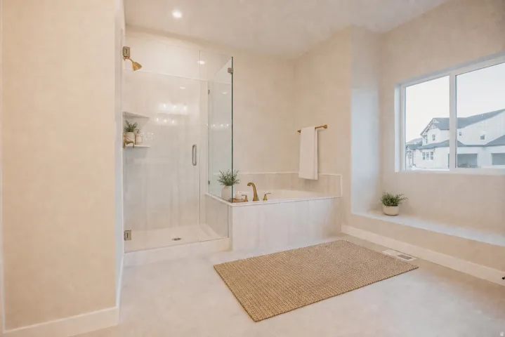 Spacious bathroom featuring a glass-enclosed shower, built-in soaking tub, a large window, and light-toned walls