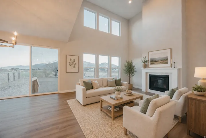 Vaulted ceiling with transom windows, wood-finish flooring, fireplace with a mantle, and a sliding glass door
