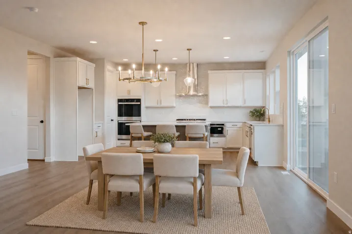 Open-concept kitchen and dining area featuring white cabinetry, stainless steel appliances, wood-finish flooring, and a sliding glass door